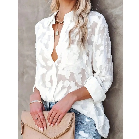 White Casual Floral Textured Shirt Sheer Button Front Down Up Long Sleeve - Picture 1 of 14